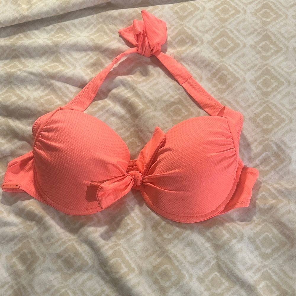 Go Under Coral Halter Bikini Top with Front Tie Detail